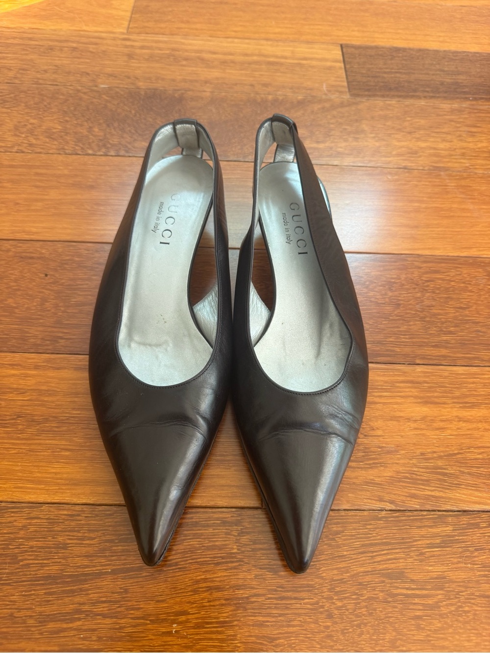 Gucci BlackPointed Leather Slingback Kitten Heels